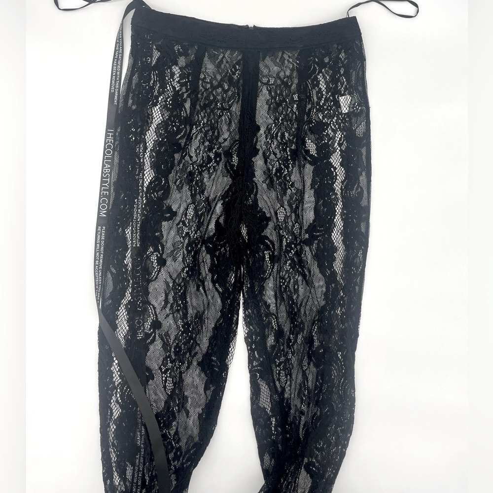 New Black Mesh Lace 2 Piece Set with Long Lace Duster Wide leg pants
